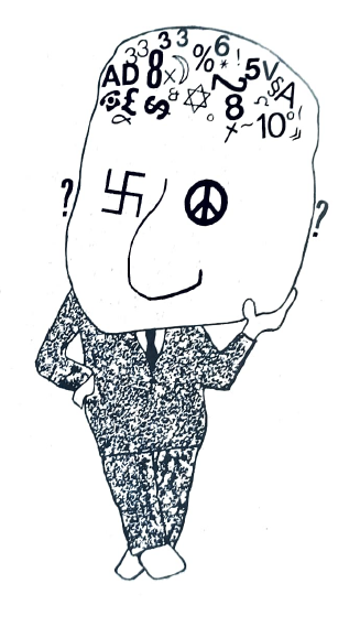 A figure with a head filled with symbols and mathematical signs