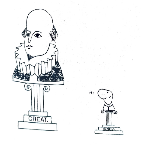 Two pedestals: a grand bust labelled &ldquo;CREAT.&rdquo; beside a tiny figure labelled &ldquo;INNOV.&rdquo; saying &ldquo;Hi&rdquo;